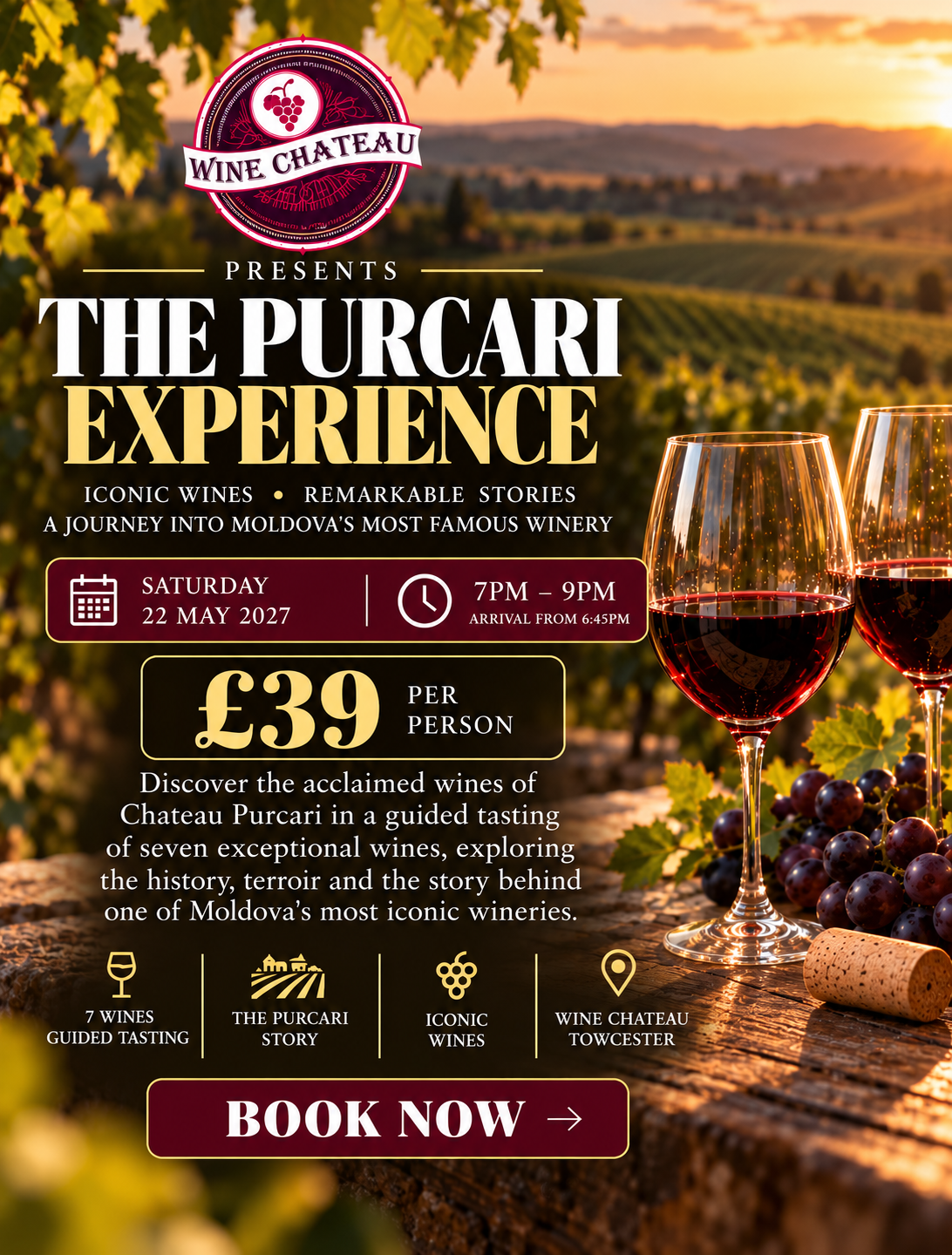 The Purcari Experience wine tasting at Wine Chateau Towcester, Saturday 22 May 2027, £39 per person