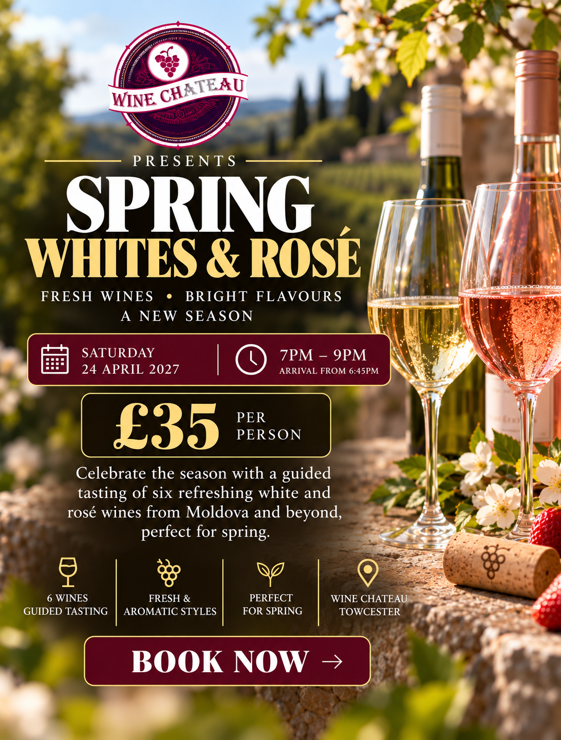 Spring Whites & Rosé wine tasting at Wine Chateau Towcester, Saturday 24 April 2027, £35 per person