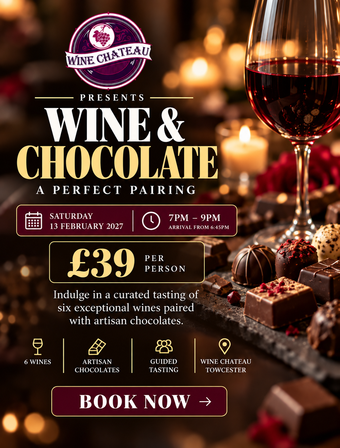 Wine and Chocolate Valentine's tasting at Wine Chateau Towcester, Saturday 13 February 2027, £39 per person