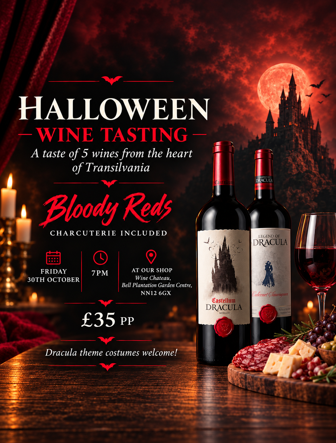 Halloween in Transylvania wine tasting at Wine Chateau, Towcester, on Friday 30 October 2026 at 7pm. Five wines with charcuterie, £35 per person; Dracula-themed costumes welcome.