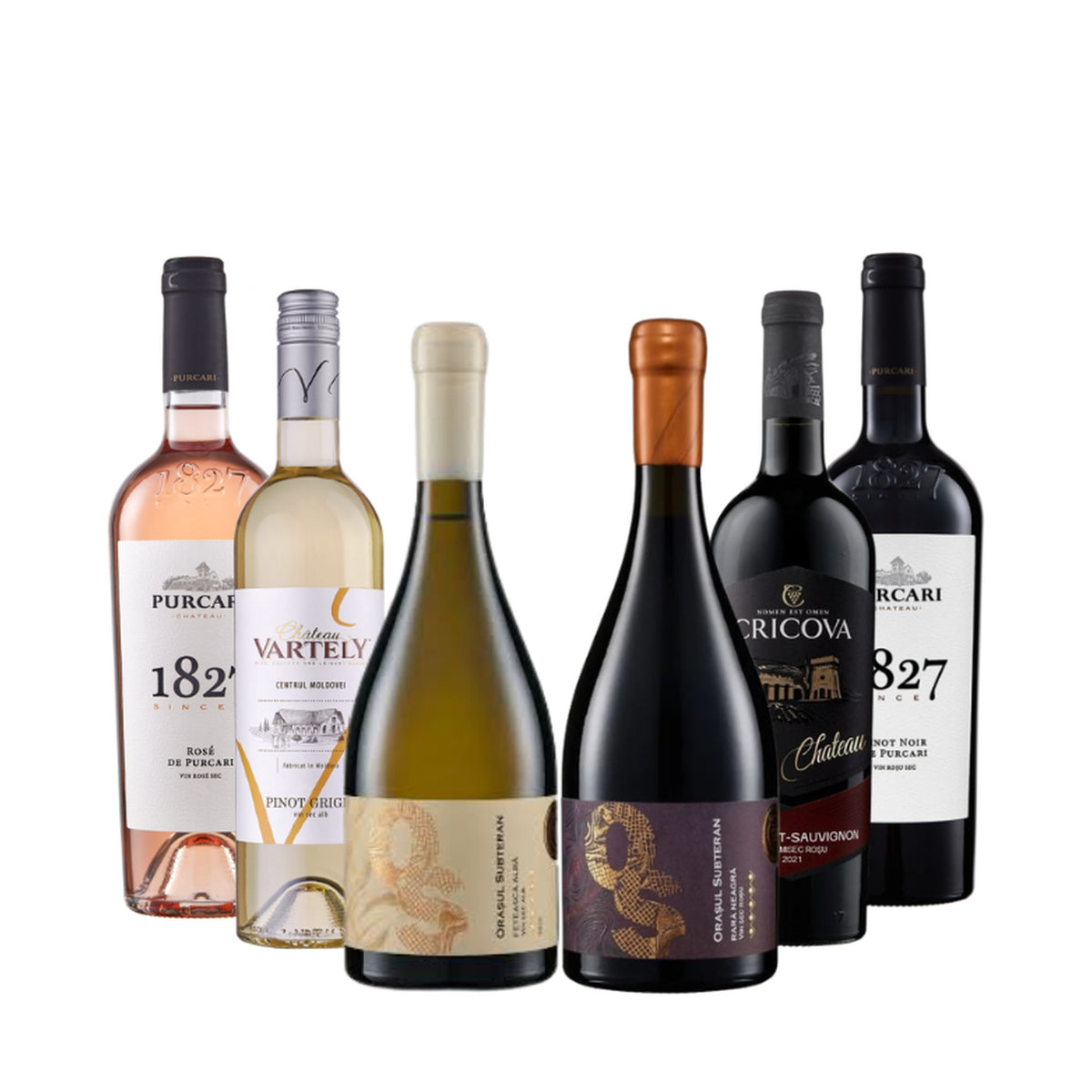 Moldovan Wineries Mixed Case – Cricova, Château Vartely & Château Purcari – assorted wine bottles arranged in a row