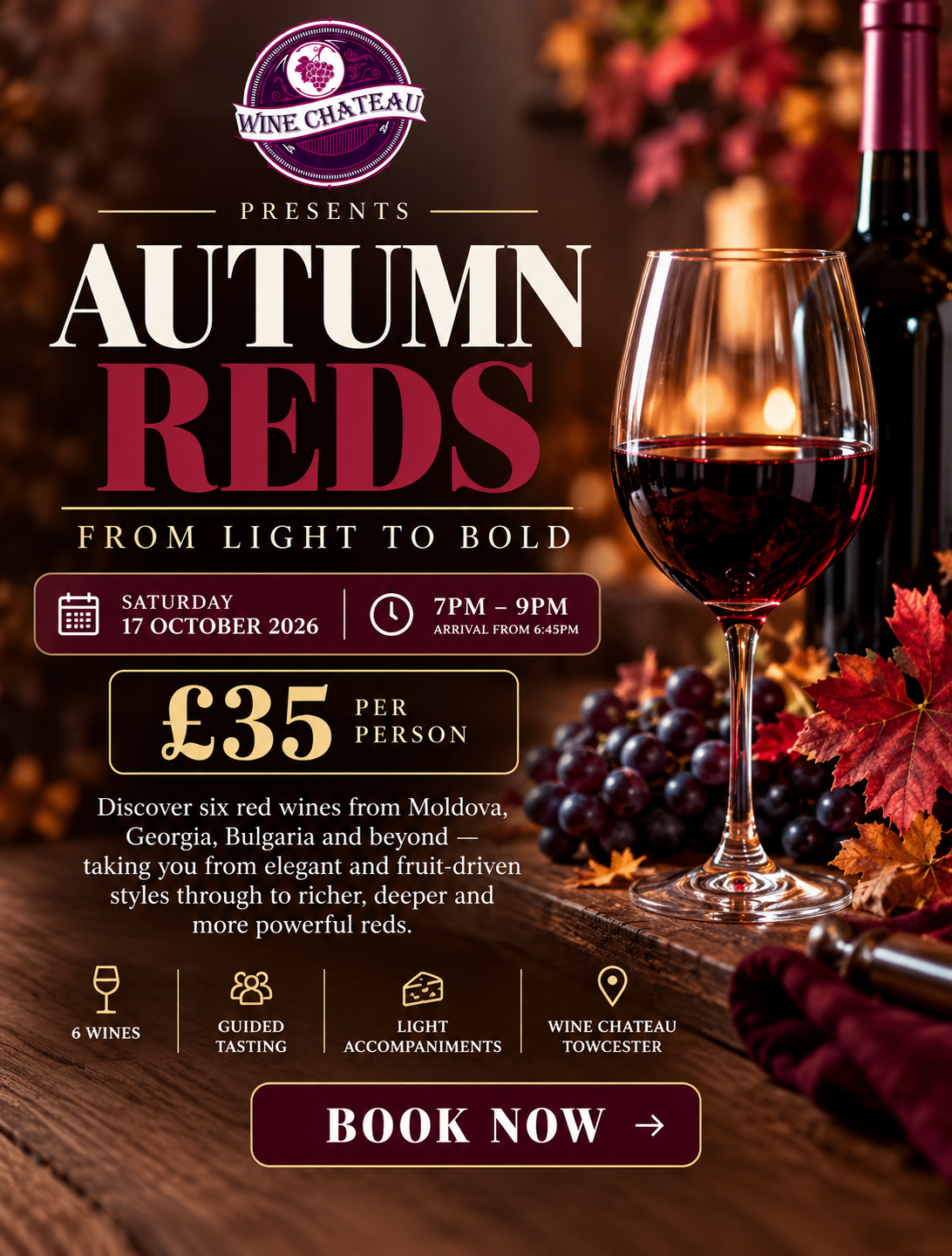 Autumn Reds wine tasting at Wine Chateau Towcester, Saturday 17 October 2026, £35 per person