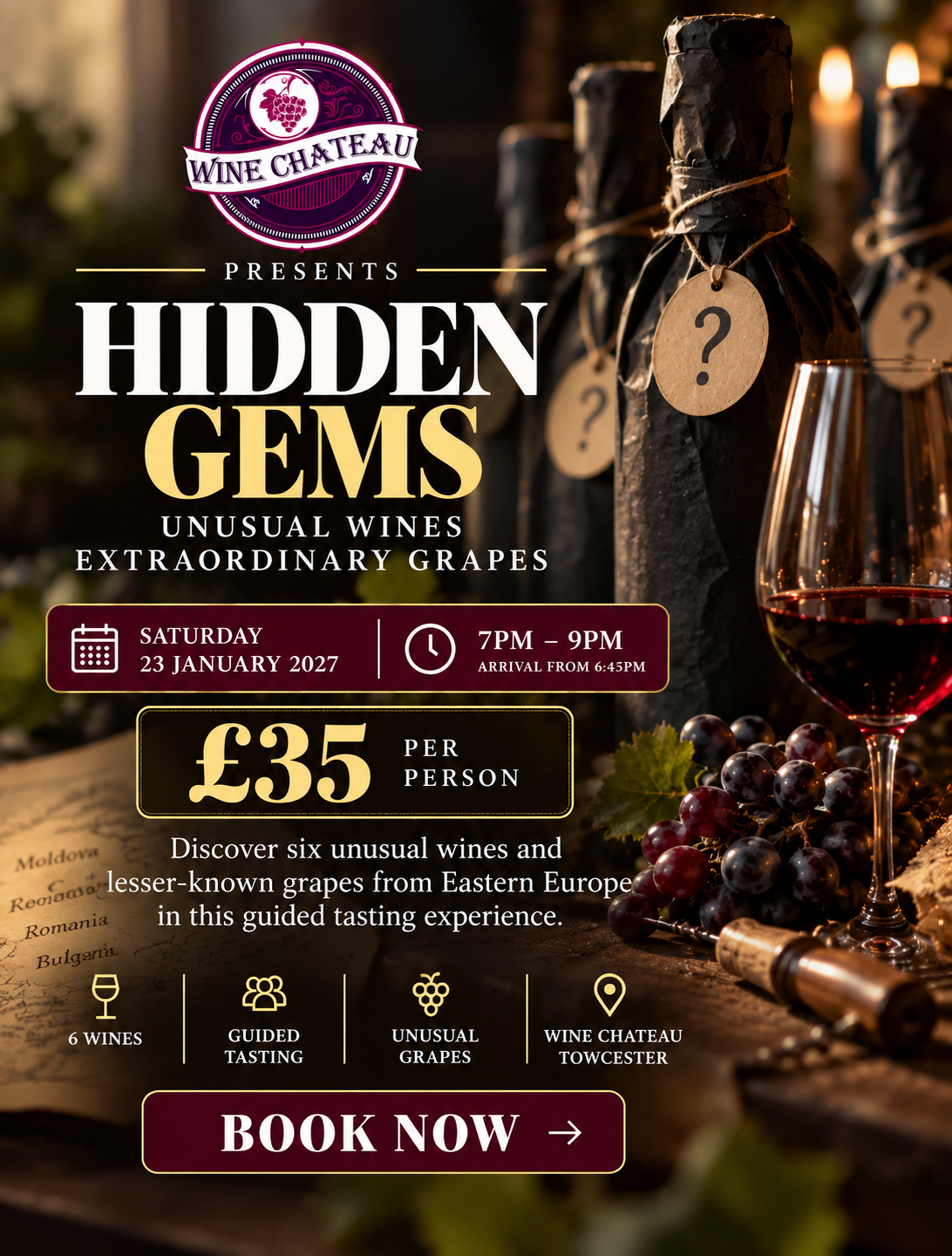 Hidden Gems wine tasting at Wine Chateau Towcester, Saturday 23 January 2027, £35 per person
