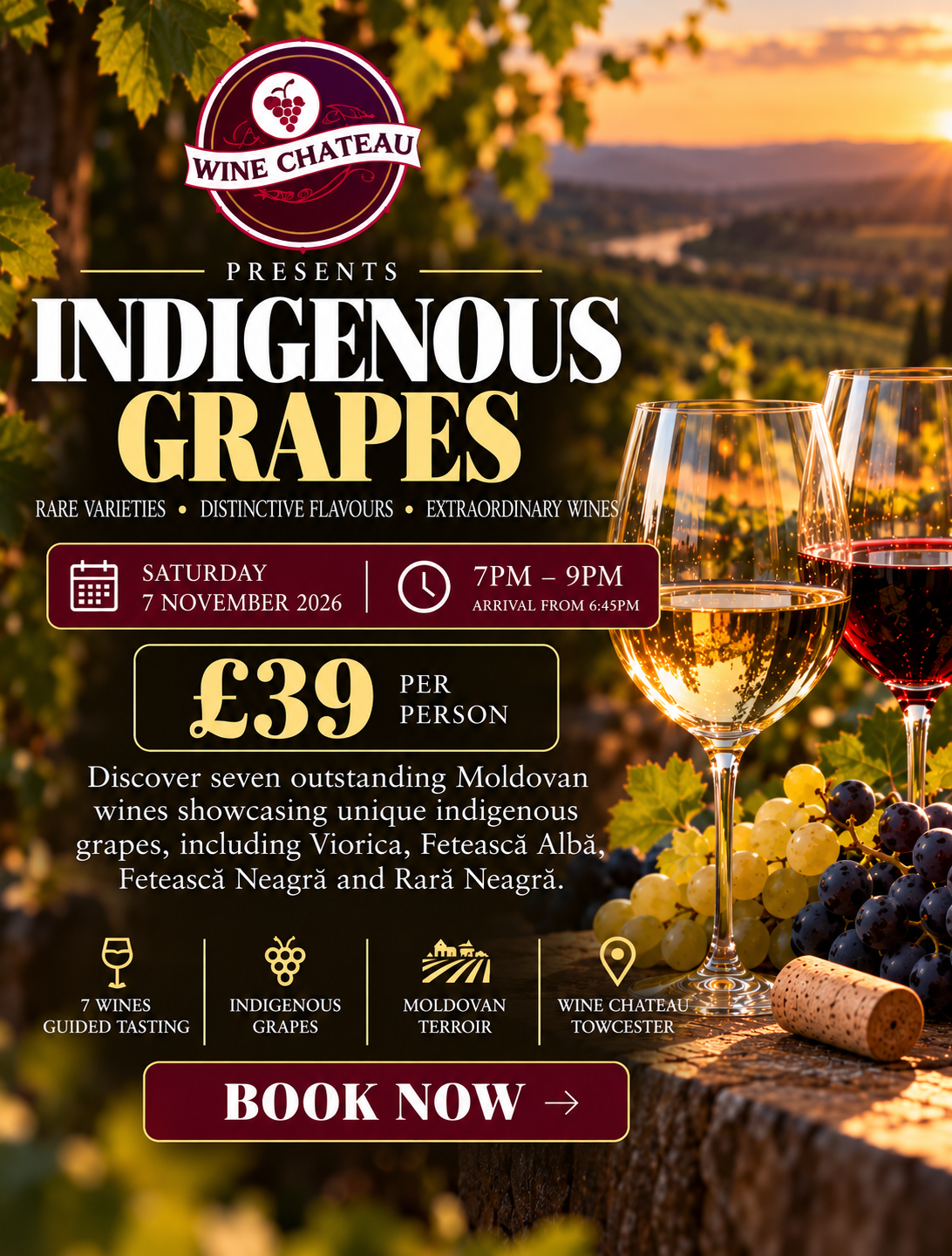 Indigenous Grapes of Moldova wine tasting at Wine Chateau Towcester, Saturday 7 November 2026, £39 per person