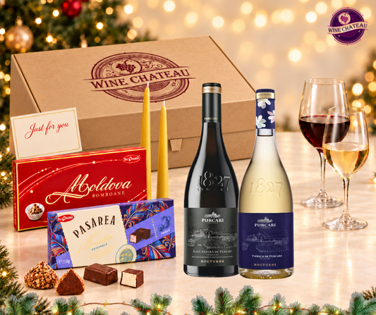 The Purcari Nocturne Duo Hamper – Purcari Nocturne Viorica and Rară Neagră with Moldovan chocolates and beeswax candles in a Wine Chateau gift box