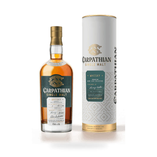Carpathian Single Malt Whisky – Shiraz Cask Finish – amber bottle beside presentation tube