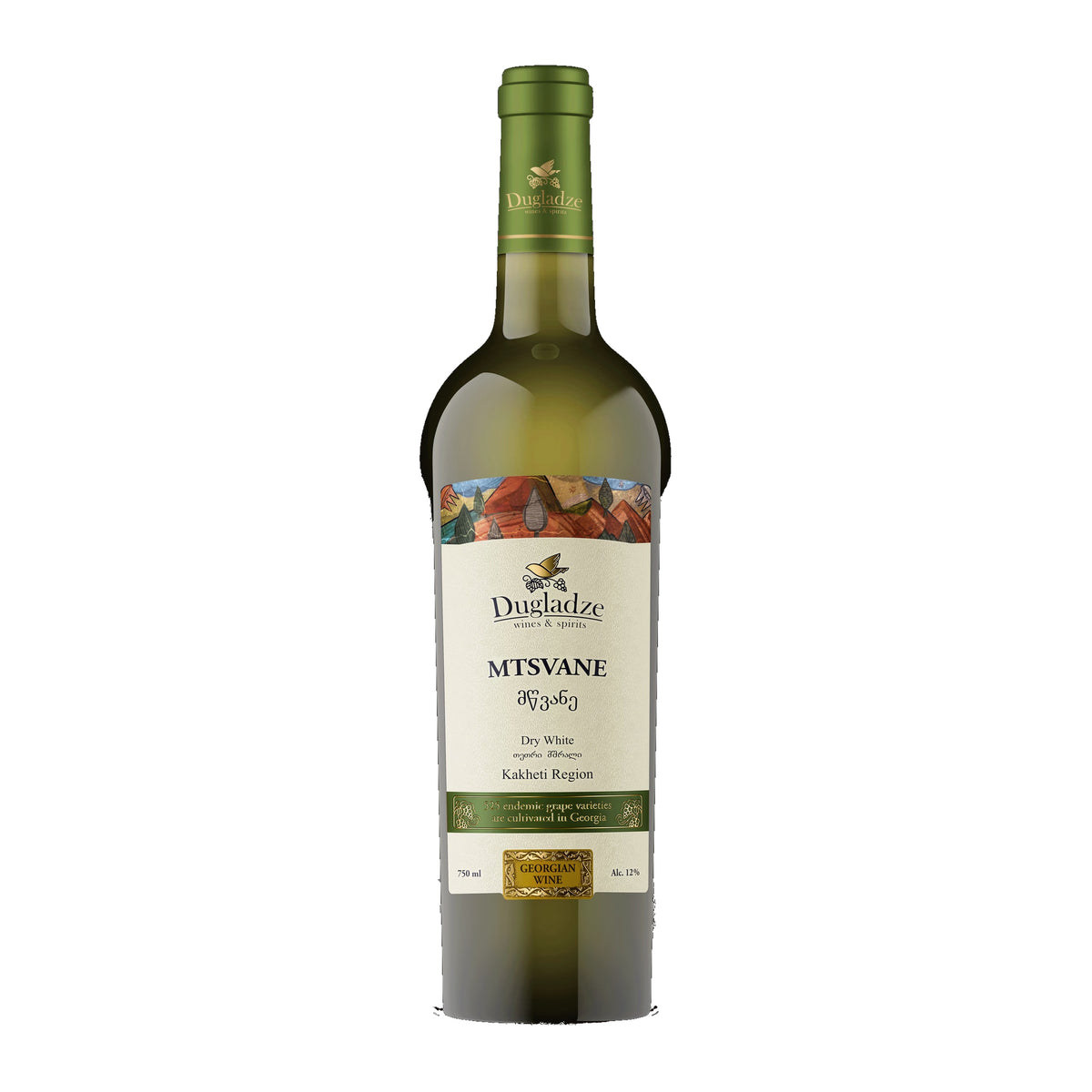 Dugladze Mtsvane — Georgian Dry White Wine – front-facing bottle on white background