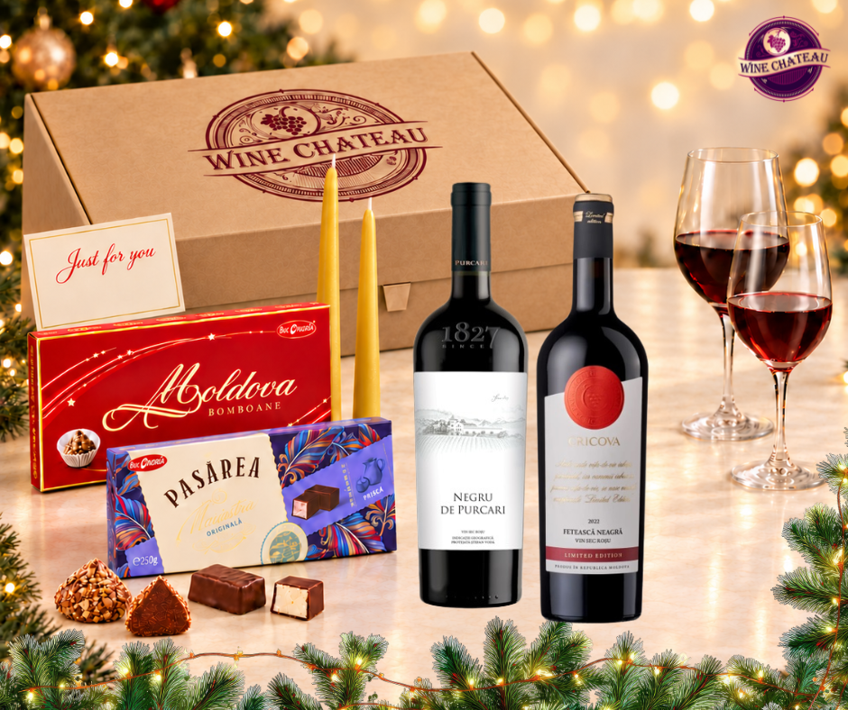 The Prestige Hamper – Negru de Purcari and Cricova Limited Edition Fetească Neagră with Moldovan chocolates and beeswax candles in a Wine Chateau gift box