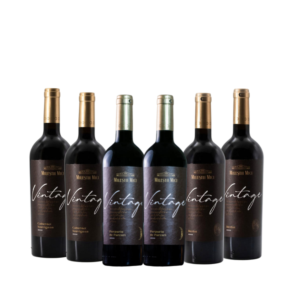 Mileștii Mici Vintage Reds Case – six red wine bottles arranged in a row