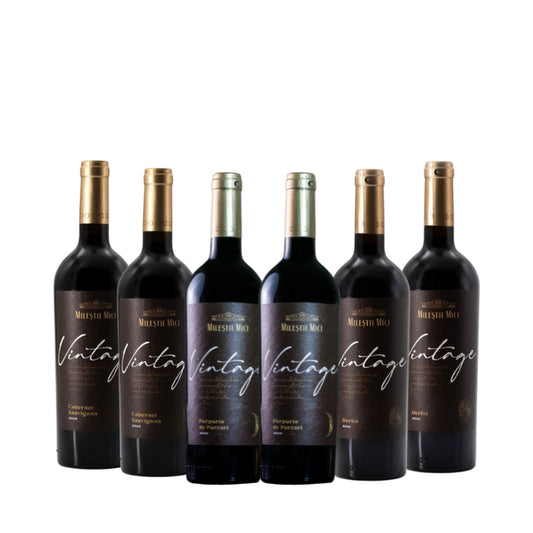 Mileștii Mici Vintage Reds Case – six red wine bottles arranged in a row