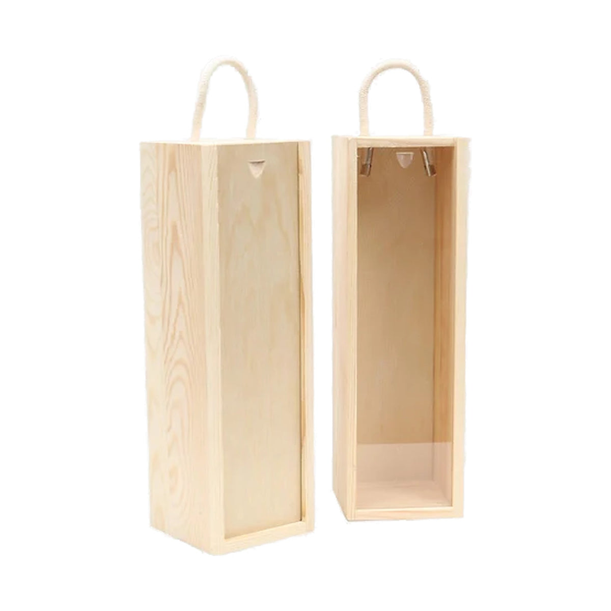 Wooden Gift Box – single-bottle wooden wine box with sliding lid, shown open and closed